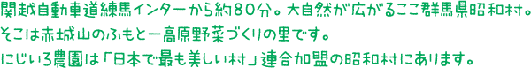 関越自動車道練馬インターから約80分。大自然が広がるここ群馬県昭和村。そこは赤城山のふもと―高原野菜づくりの里です。にじいろ農園は「日本で最も美しい村」連合加盟の昭和村にあります。