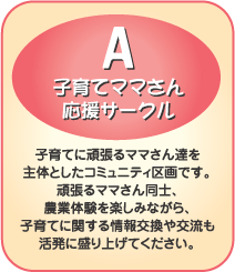 A-子育てママさん応援サークル 子育てに頑張るママさん達を主体としたコミュニティ区画です。頑張るママさん同士、農業体験を楽しみながら、子育てに関する情報交換や交流も活発に盛り上げてください。