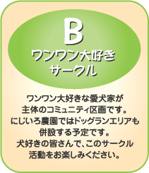 B-ワンワン大好きサークル ワンワン大好きな愛犬家が主体のコミュニティ区画です。にじいろ農園ではドッグランエリアも併設する予定です。犬好きの皆さんで、このサークル活動をお楽しみください。