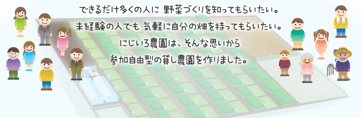 できるだけ多くの人に 野菜づくりを知ってもらいたい。未経験の人でも 気軽に自分の畑を持ってもらいたい。にじいろ農園は、そんな思いから参加自由型の貸し農園を作りました。